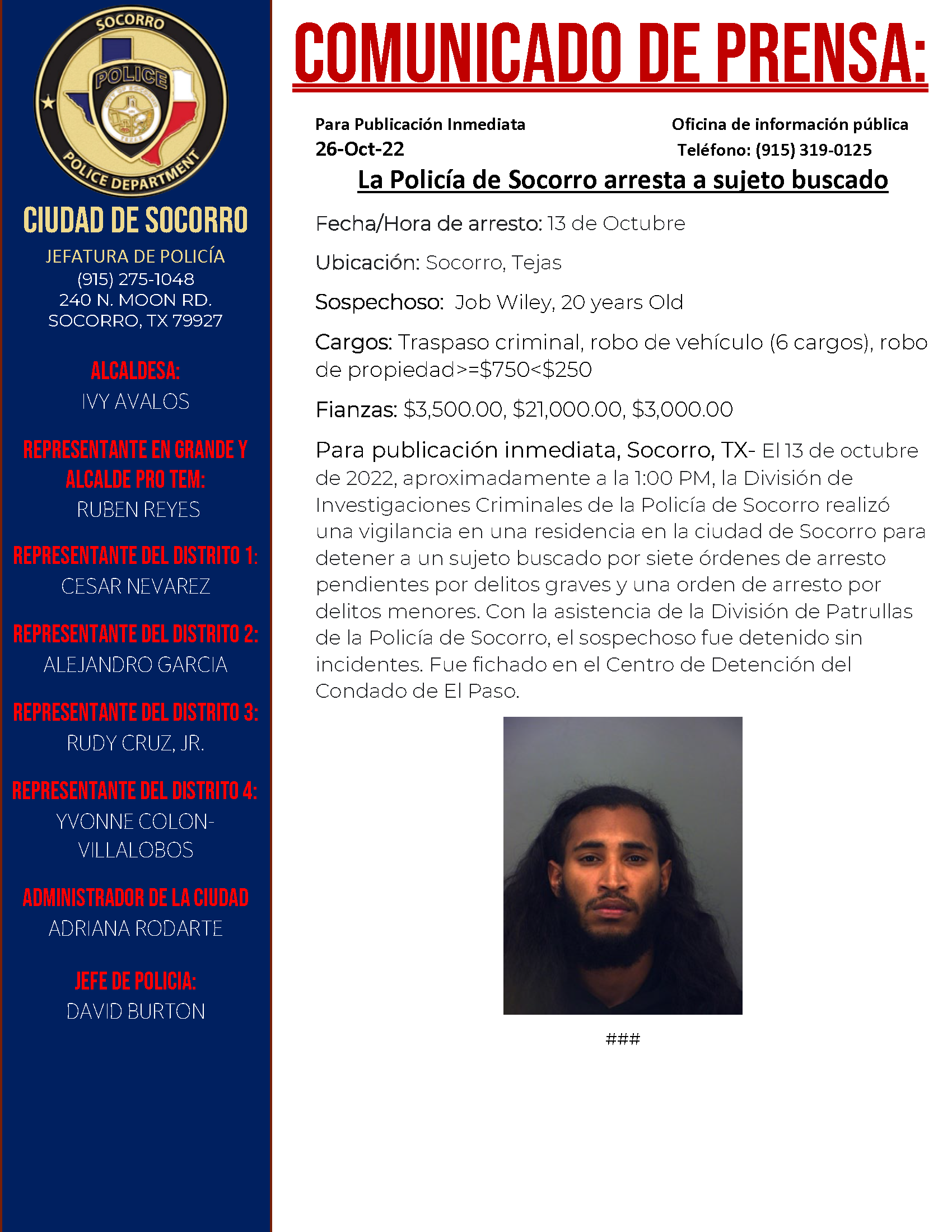 Press Release: Socorro Police Make Arrest Of Wanted Subject - City of ...